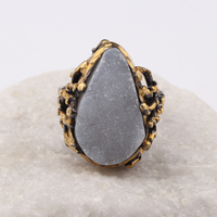 Bague artisanale en argent sterling 925 avec pierre précieuse, quartz gris Druzy en forme de goutte, plaqué or noir, pierre naturelle, originale turque
