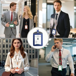 Boshiho Badge <b>Holder</b> Cowhide Leather <b>ID</b> Badge Card <b>Holder</b> with 19" Neck Lanyard Vertical Style <b>ID</b> Card <b>Holder</b> - Product Image 3