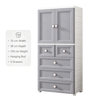 Armoire en plastique gris de 70 cm de large avec tringle de suspension et 4 tiroirs, meuble de rangement autoportant pour vêtements de chambre à coucher