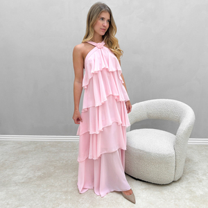 Spaghetti Strap Romantic Pink <strong>Cherry</strong> Tiestrap Ruffle Maxi <strong>Dress</strong> - Product Image 5