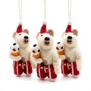 Traditional Eco-Friendly Handmade Needle <b>Felted</b> 100% Wool <b>Christmas</b> Bear Holding Snowman Santa Hat Hanging <b>Ornament</b> Small - Product Image 1