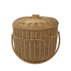 Bye-bye <b>Basket</b> Outdoor Camping Imitation Rattan Vegetable <b>Basket</b> Handbag Double Layer Woven Grid with Lid Rattan <b>Storage</b> <b>Basket</b> - Product Image 3