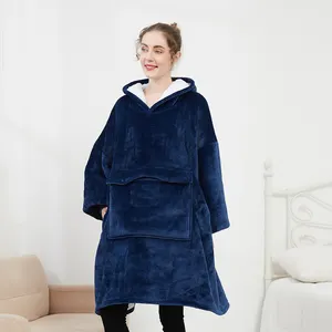 Ev tekstili çin yüksek kaliteli çift katmanlı pazen sherpa kış kapüşonlu giyilebilir büyük boy hoodie battaniye kazak
