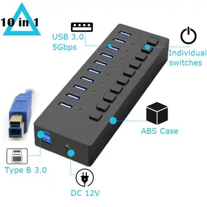 原始设备制造商热卖10端口5gbps速率48w供电的USB 3.0集线器 (塑料/铝制外壳)