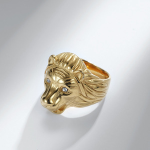 Lion Head <b>Titanium</b> Steel Men's <b>Ring</b> Gold Color Prong Setting Gift Jewelry - Product Image 4