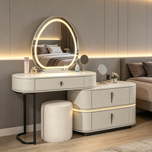 Moderno Set de Tocador de Cuero Sintético Blanco con Espejo LED y Cajón de Almacenamiento para Dormitorio - Product Image 5