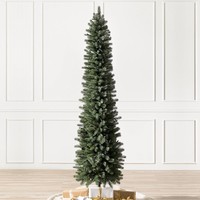 Stock T-128 2,1 m Arbre de Noël artificiel en PE, style crayon, avec éclairage LED automatique, aiguilles de pin vertes, pour intérieur