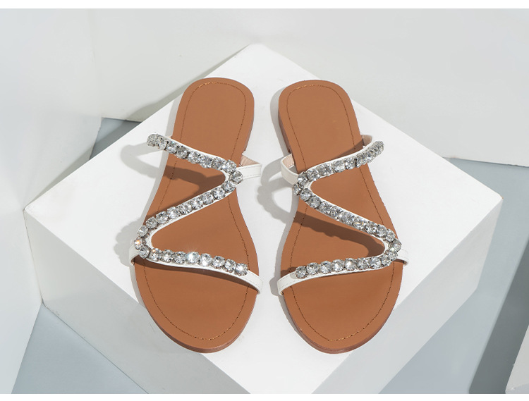 Fashion Rhinestone Flat Shoes Women's Slippers Beach Sandals Girls Leather Pu Slides