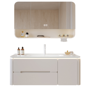 Modern Cream White Floating Bathroom <b>Vanity</b> Solid Wood Cabinet with Smart LED <b>Mirror</b> Integrated Sink - Product Image 4