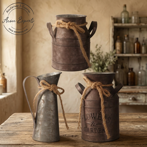 Wholesale 3pcs Rural Style Milk <b>Pot</b> Shape <b>Small</b> Galvanized Iron Flowerpot Vase with Hemp Rope for Home and Table Top Decor - Product Image 1