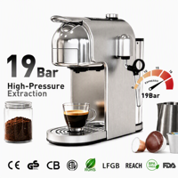 Machine à expresso à écran tactile, réservoir d'eau de 1 L, pression de 19 bars, buse vapeur, réglage du volume en 7 niveaux, cafetière