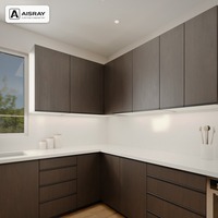 Armoires de cuisine en placage de bois pour appartement, design moderne, aménagement en U, boîtes d'armoires en panneaux de particules et dimensions personnalisées