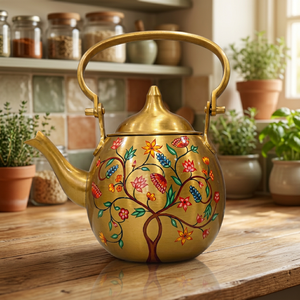 Théière en métal doré avec motif floral, style oriental, avec couvercle et poignée - Product Image 6