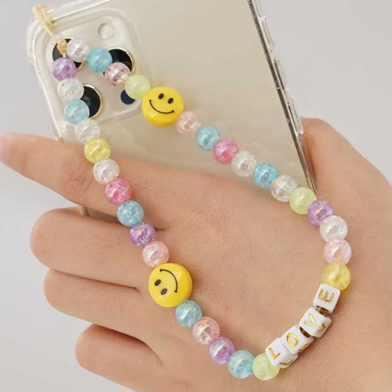 Neuankömmling hand gefertigte Perlen Telefon Armband Kette für Handy, Mode bunte Kristall Perlen Telefon kette