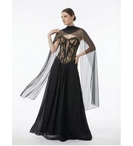 <span class=keywords><strong>Robe</strong></span> Bettergirl 2026 Ramadan en <span class=keywords><strong>dentelle</strong></span> noire transparente, sans bretelles, avec un châle en maille traînant - Product Image 1