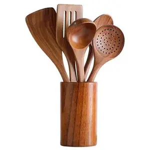 Commercio all'ingrosso di legno di Teak naturale 6 pezzi di utensili da cucina Set di utensili da cucina con supporto spatola e mestolo da minestra