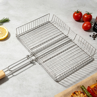 Grille de barbecue antiadhésive avec poignée en bois - Grille de cuisson carrée de 62 cm pour poisson, viande et légumes - Accessoires de cuisine d'extérieur
