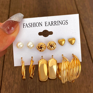 EH019 Juego de 6 Piezas de Aretes de Moda con Perlas Retorcidas y Aros Geométricos, Joyería de Diseño - Product Image 2