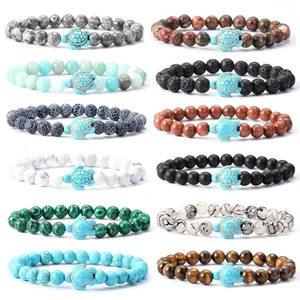 Bracelet tortue en pierre naturelle perlée breloque tortue de plage de mer 8mm oeil de tigre Turquoise lave femmes hommes perles bracelets élastiques - Product Image 1