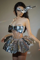 Femmes Sexy Diamants Satin Performance Outfit 2PCS Sparkly GoloSilver Top Naturel Jupe Ensembles pour Club Célébrations Scène