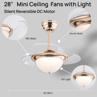 Ventilateur de plafond moderne silencieux de 28 pouces avec moteur DC, éclairage LED en fer, télécommande et 6 vitesses, montage discret pour salon