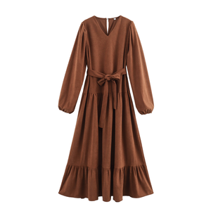 Vestido Maxi Informal para Mujer, Color Marrón, Cuello en V, Manga Larga, Lazos, Transpirable, Tejido Natural, Cintura Ajustada, Talla XS, para Primavera, Verano, Otoño, Color Sólido - Product Image 1