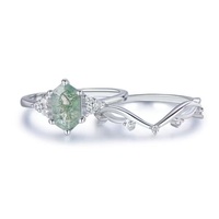 Bague en argent sterling 925 avec agate mousse taille cerf-volant, ensemble de bijoux, bagues de fiançailles en quartz vert naturel