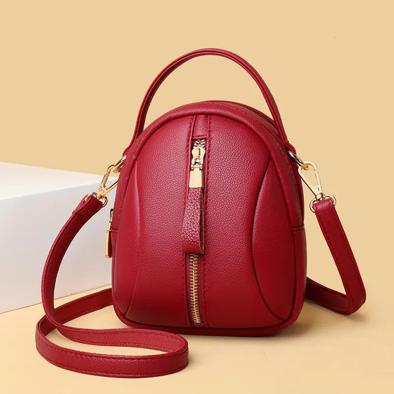 Multilayer Phone Bag Small Handbag Soft High Quality PU Leather Women Mini Double Zipper Hand Shoulder Bag with Earphone Hole