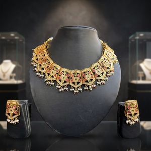 <b>Indian</b> Mores Rajasthani Traditional Ethnic Gold Plated Moissanite Jadau Multicolor Necklace and Earring <b>Set</b> - Product Image 6