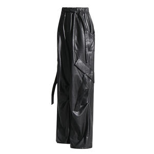 Moda New Vintage Streetwear <span class=keywords><strong>pantaloni</strong></span> <span class=keywords><strong>larghi</strong></span> da donna dritti tinta unita elastico in vita gamba larga <span class=keywords><strong>pantaloni</strong></span> Cargo in <span class=keywords><strong>pelle</strong></span> Pu donna - Product Image 2