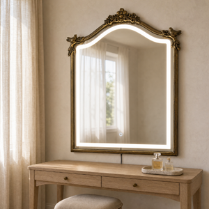 Specchio da Toeletta LED in Stile Barocco Francese, Cornice Dorata con Rilievi di Uccelli, Specchio Vintage per Arredamento Camera da Letto - Product Image 1