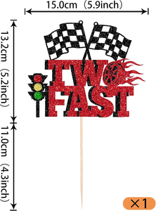 Décoration de gâteau pour 2ème anniversaire sur le thème de la voiture de course pour garçons : Roue scintillante, feux de circulation, drapeau à carreaux - Product Image 2