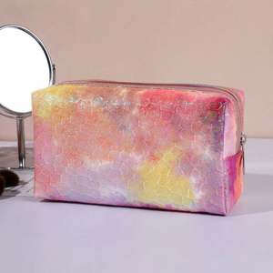 Pochette de maquillage imperméable en cuir PU pour femmes, tendance tie-dye, sac de toilette portable de voyage, fermeture éclair, poche intérieure - Product Image 2