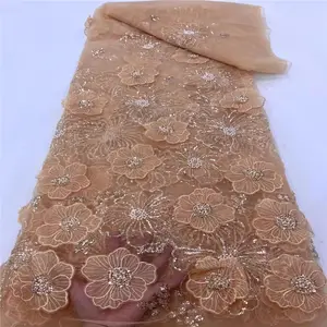 Wholesale Price 3D Flower Tulle Lace Embroidered Fabric Luxury French Beads And Pearls Lace Fabric For Wedding Evening Dress