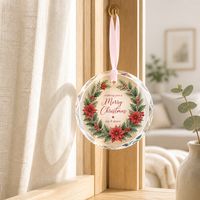 Ornement de Noël personnalisé en verre cristal, rond et facetté, à suspendre, avec impression aquarelle et ruban de satin pour cadeau d'arbre de Noël