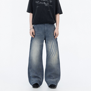 美式潮流复古仿旧龙爪破洞工装多用途宽松直筒休闲裤男 - Product Image 1