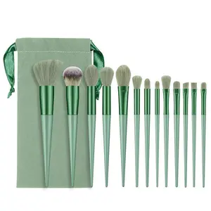 Kit de 13 pinceaux de maquillage de voyage en fibres synthétiques, manche en plastique vert, ensemble de 13 pinceaux de maquillage portables avec sac