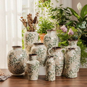 Jarrón de Cerámica Azul y Blanco de Alta Gama, Estilo Art Deco Chino Retro, <span class=keywords><strong>con</strong></span> Diseño Floral Verde y Efecto de Grietas de Hielo, para Decoración de Sala de Estar o Entrada - Product Image 2