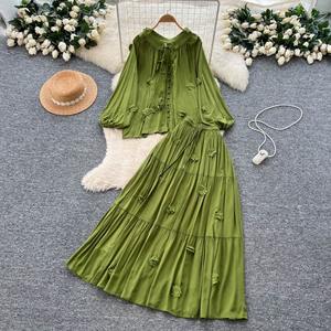 Sanfter Stil Elegantes 2-teiliges Set Damen Herbst Sweet 3D Flower Tie Laterne Ärmel Top Hohe Taille Ausgestellter Midirock - Product Image 6