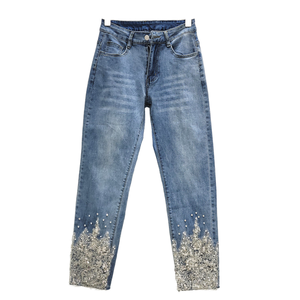 Jeans de mezclilla cortos de color azul claro para mujer, con dobladillo de encaje, corte recto, pantalones de moda, tela transpirable, estilo elegante, pantalones de mezclilla para mujer - Product Image 1