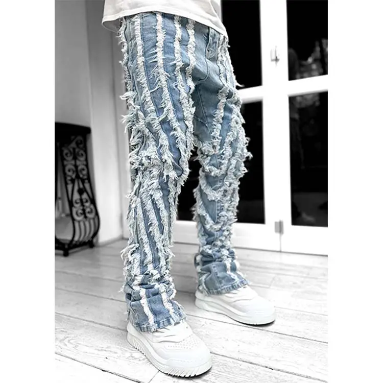 Hip Hop Vintage Washed Distressed Pantalon déchiré Pantalon empilé Denim Flare Hommes Jeans