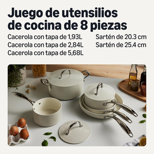 Ensemble de 8 ustensiles de cuisine antiadhésifs crème, casseroles et poêles modernes avec poignées et couvercles en acier inoxydable - Product Image 2