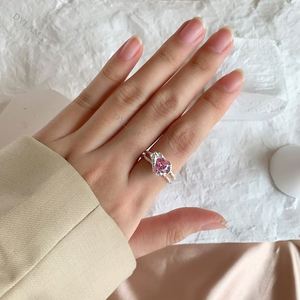 Dylam Ins Hot Double Layered Sterling Silver 925 White Gold Pink Zircon Stone S925 <b>Rings</b> Adjustable Hollow Open <b>Ring</b> - Product Image 3