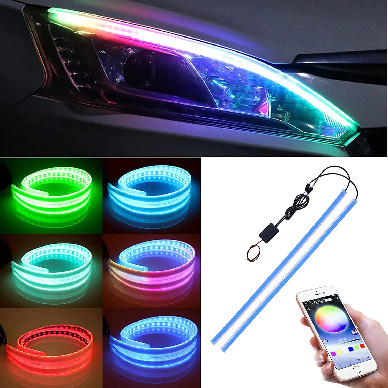 30cm/45cm/60cm 2pcs Amazon Bestsell APP Control 12V Car Headlight RGB LED Strip Lights Waterproof