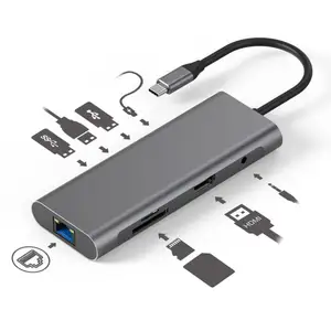 OT sell-Puertos de audio de aluminio USB a USB C Hub 9 en 1, Adaptador tipo C, estación de acoplamiento para PC con HDTV Hub tipo C A lan