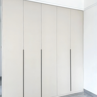 Armoire de rangement contemporaine moderne pour chambre à coucher avec porte à charnières en MDF, poignées métalliques, installation au sol, verre blanc minimaliste