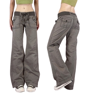 Jean droit taille basse Y2K Grunge en denim respirant et écologique, délavé, vintage, uni, pour femme, avec cordon de serrage, déchiré, décontracté - Product Image 1