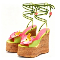 Sandales compensées à talon imprimé grain de bois, bout ouvert, à lacets, pour l'été, style floral, plateforme, pour soirée