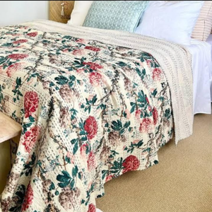 Handcrafted Cotton Kantha Quilt with Floral Block Print – Indian Handmade <b>Bedspread</b>, Traditional Coverlet for Twin & King Size B - Product Image 4