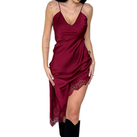 Robe mini asymétrique en satin de soie sexy avec dentelle et col en V pour femme, style Y2K, bretelles spaghetti, coupe haute-basse, robe de club
